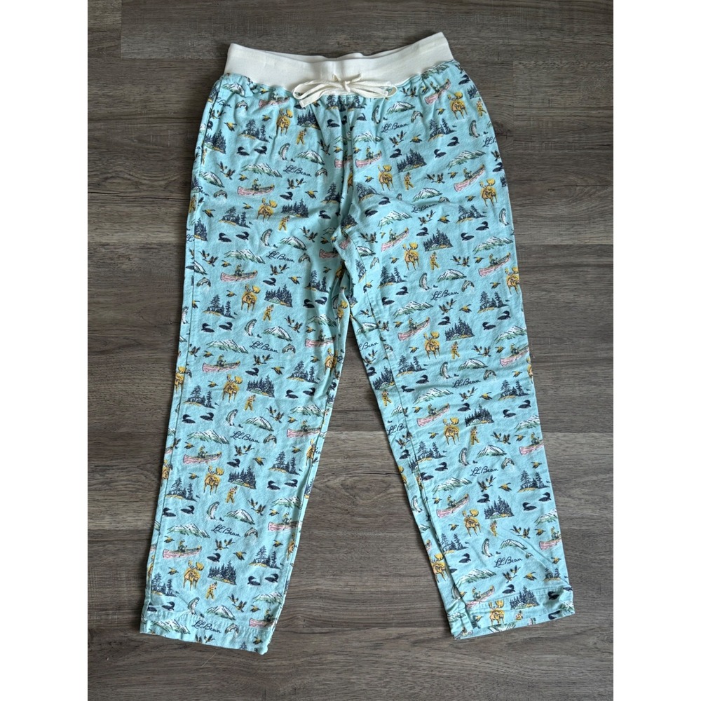L.L.Bean Outdoor Pajama Lounge Pants Women's Small Blue Moose Lake Cabin Print - Picture 2 of 12